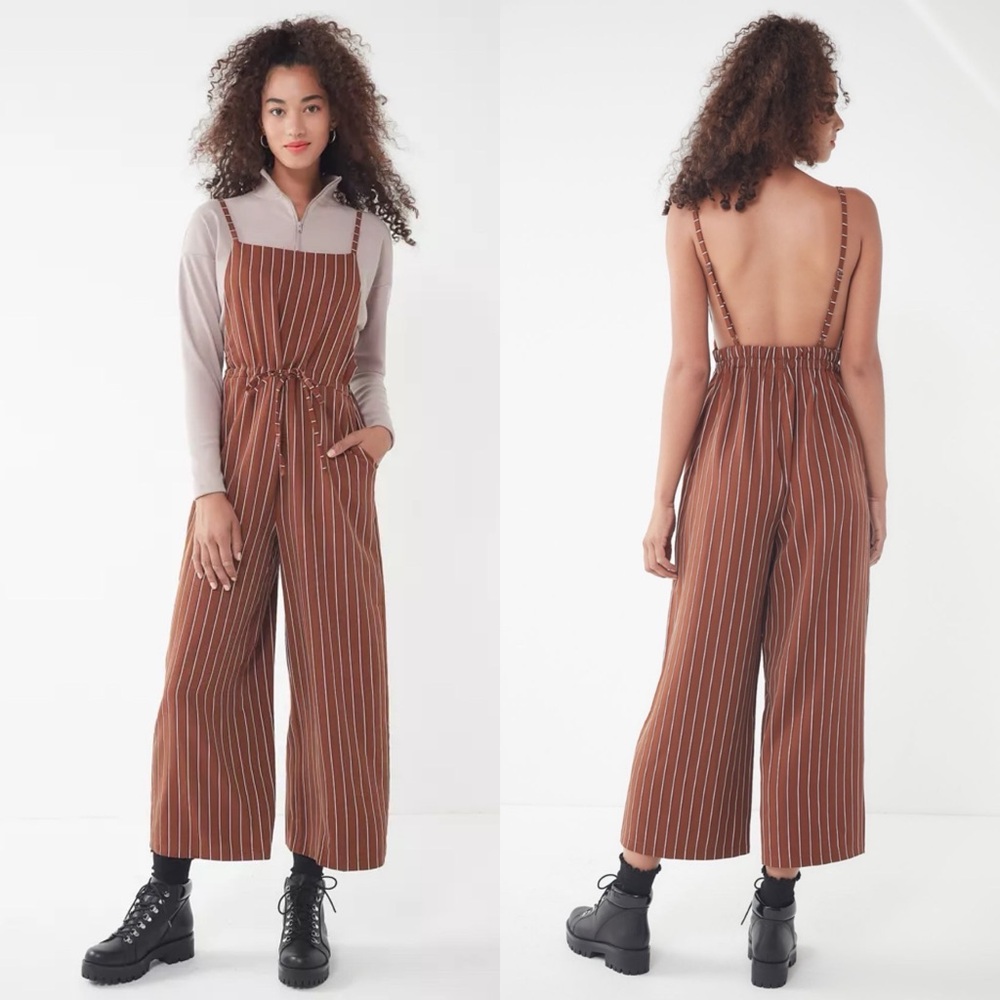 Urban Outfitters / Striped Square-Neck Jumpsuit in Brown